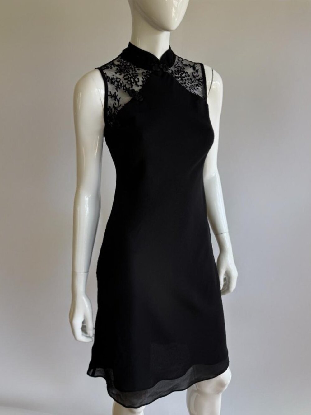 Vintage 90s Black Lace Mandarin Collar Midi Dress